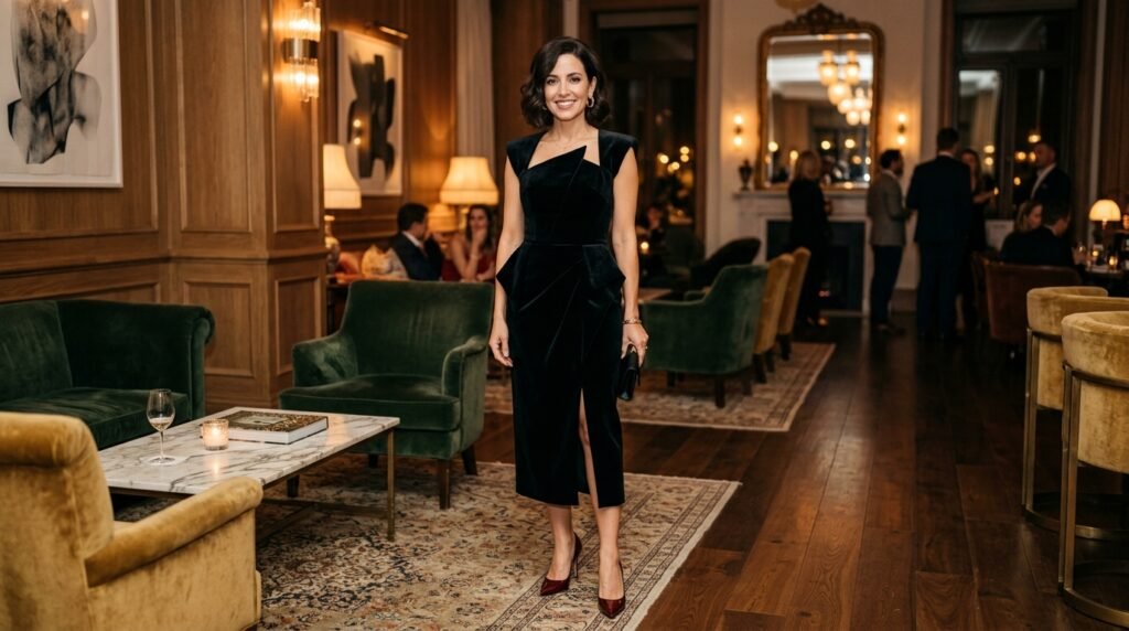 Woman wearing a black velvet cocktail dress and pointed oxblood patent pumps.