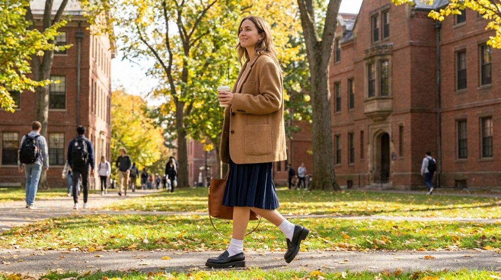 A woman wearing chunky black loafers, white socks, and a pleated skirt outdoors.