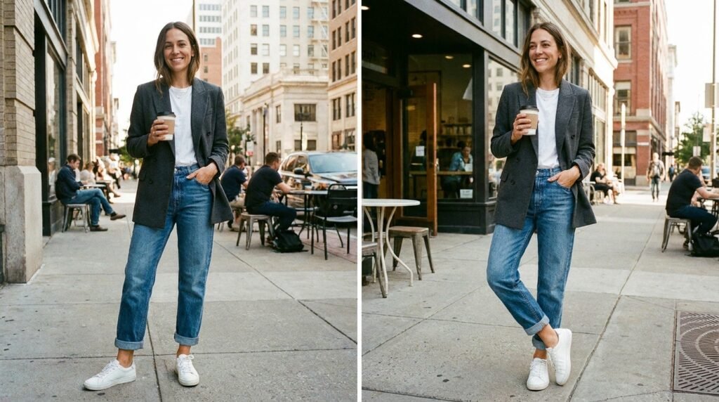 Woman standing outside a coffee shop wearing a gray blazer, white tee, boyfriend jeans, and white leather sneakers.