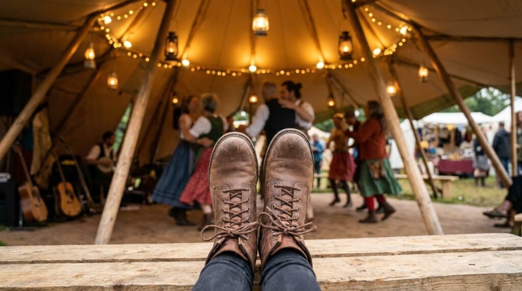 Close-up of a person wearing brown boots standing on a slatted wooden tent floor.