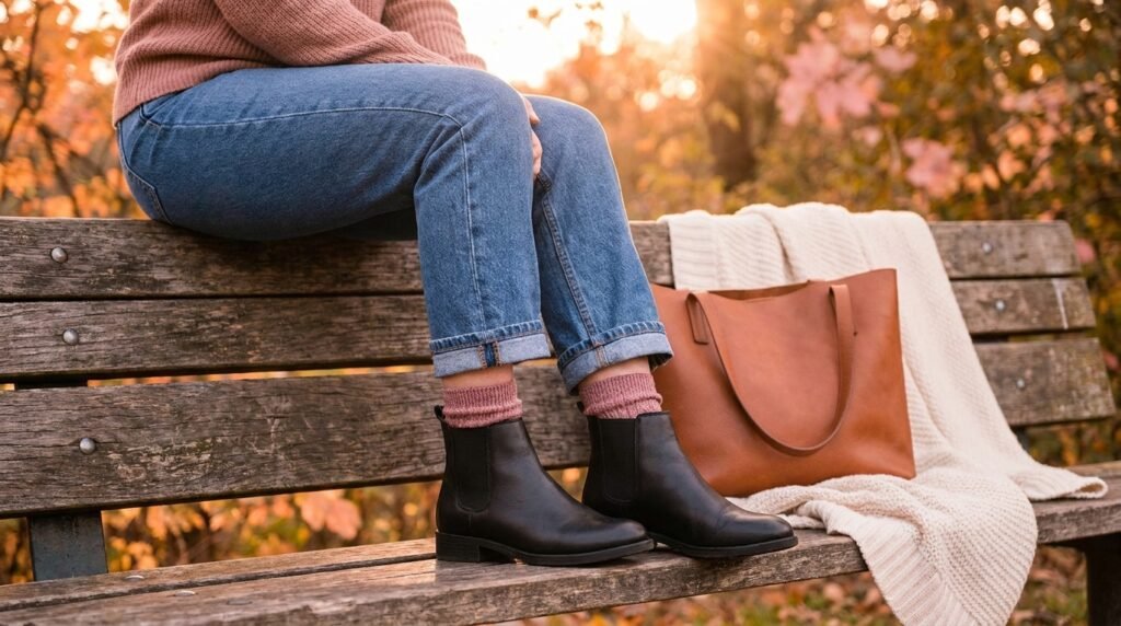 Close-up of cuffed jeans and black leather ankle boots on a woman standing outdoors.