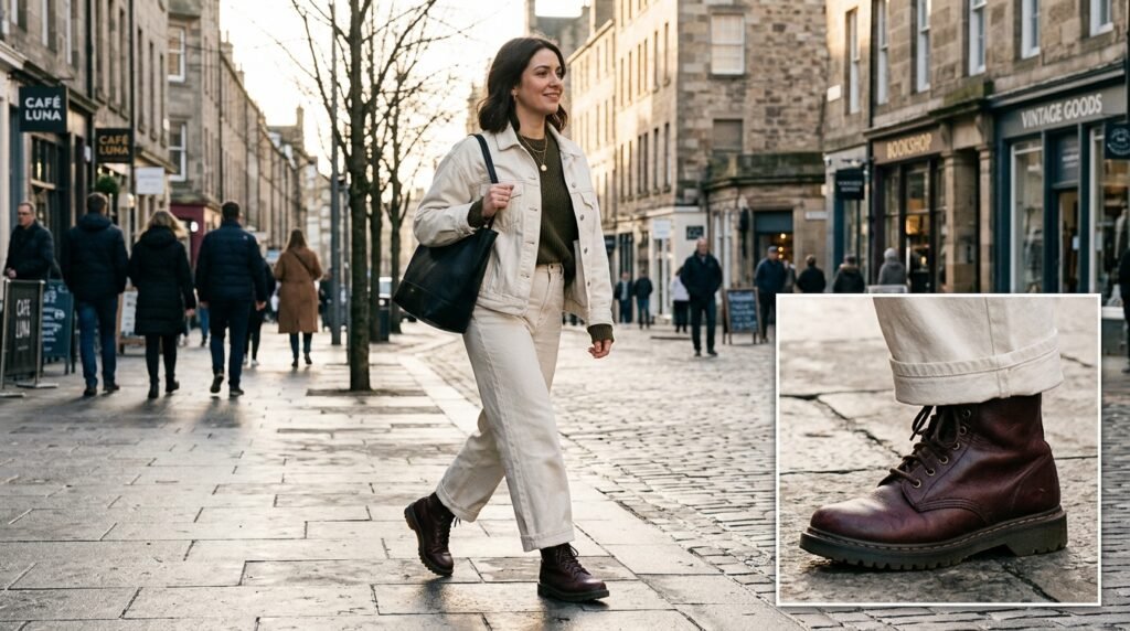 Winter white denim outfit anchored by dark wine leather boots.