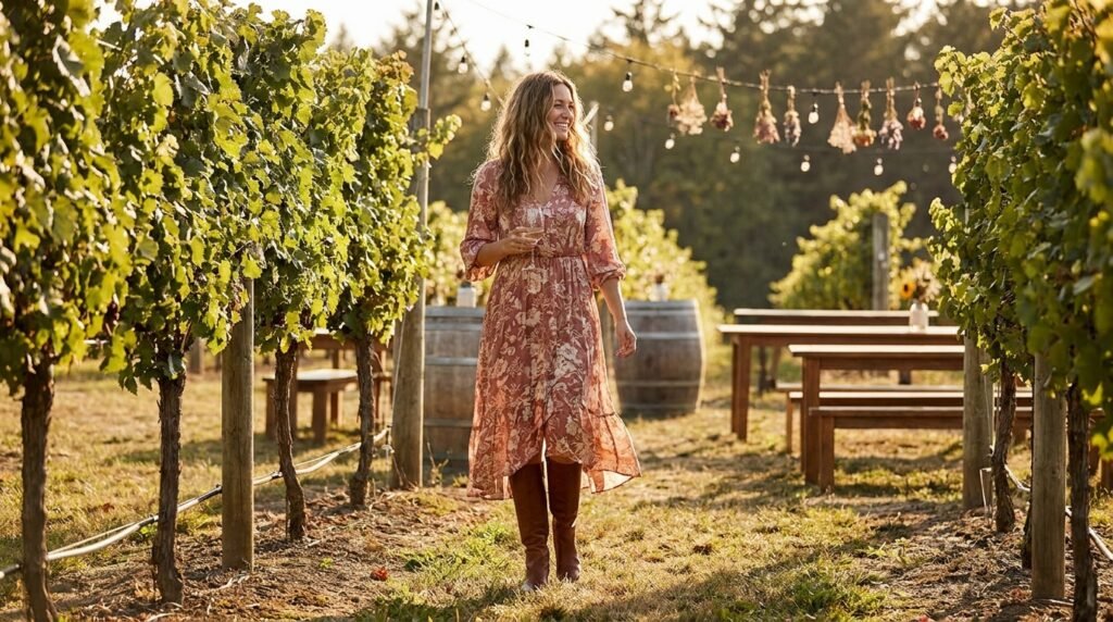 A woman wearing knee-high leather boots and a midi dress at an outdoor venue.