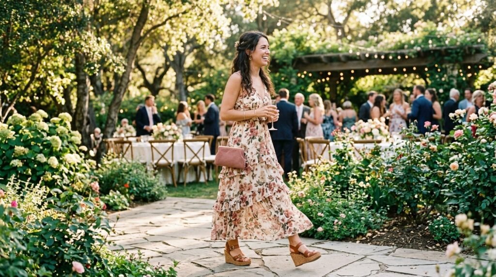 Woman wearing cork wedge sandals standing on a green grass lawn at an outdoor event.