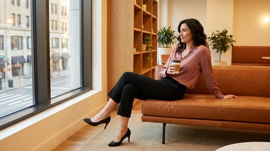 Woman wearing black almond-toe pumps and tailored trousers in an indoor office setting.
