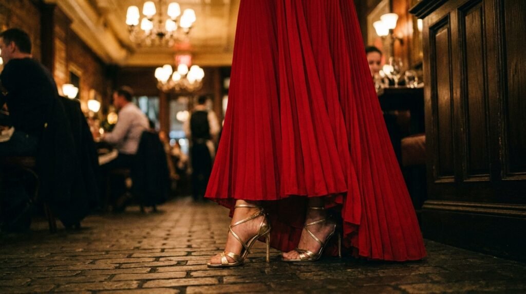 A close-up of a woman's feet wearing gold metallic strappy heels beneath a red gown.