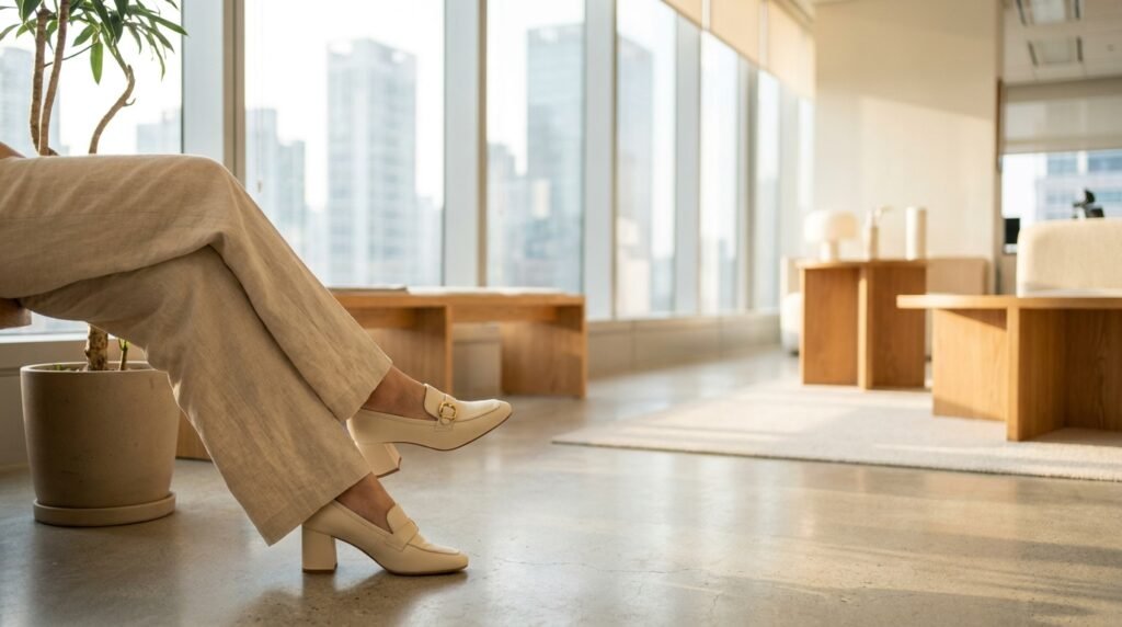 A close-up of cream heeled loafers paired with wide-leg tailored trousers.
