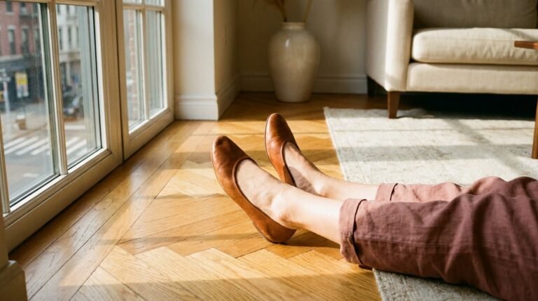 A pair of minimalist almond-toe leather ballet flats worn on a woman standing on a wooden floor indoors.