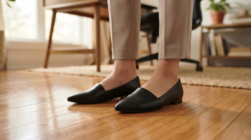 Close-up of a woman's feet wearing black pointed-toe leather flats on a hardwood floor.