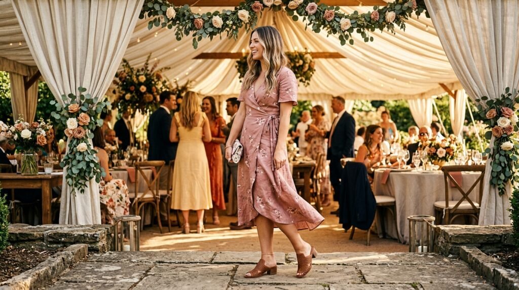  Woman wearing laser-cut leather mules at an outdoor summer wedding reception.