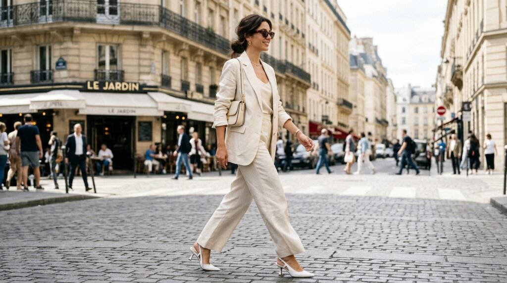 Pointed-toe white slingback heels styled with an ecru linen pantsuit.