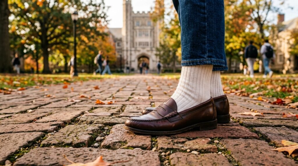 Feet wearing black leather penny loafers and white crew socks on a brick walkway.