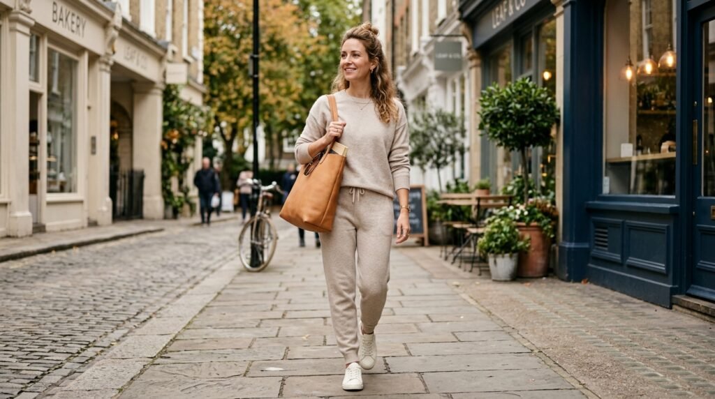 Oatmeal knit lounge set styled with bone-white leather sneakers.