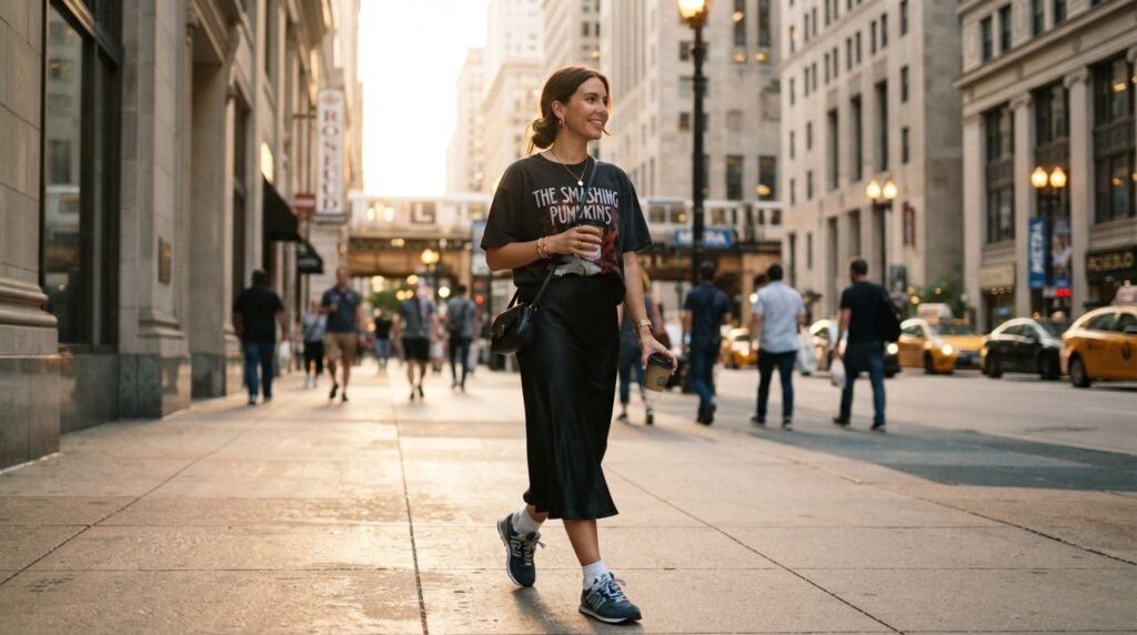 A woman walking in an urban setting wearing a black midi skirt, a graphic t-shirt, and New Balance 574 sneakers.