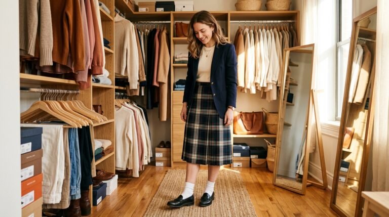 A woman in a closet wearing a plaid skirt, navy blazer, white socks, and black penny loafers.