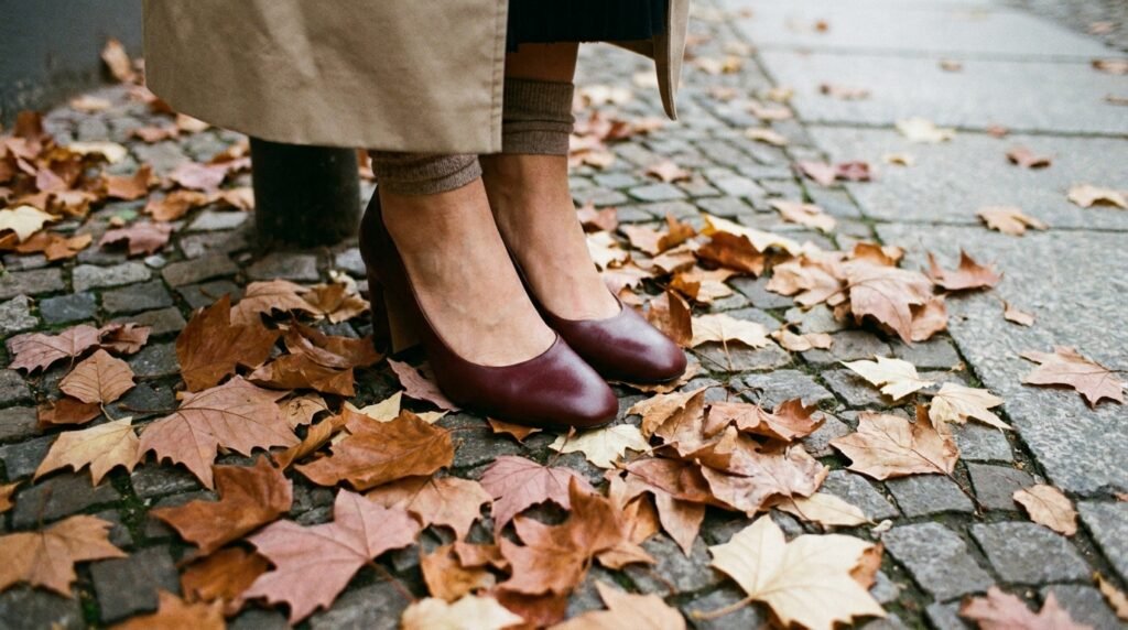 Close-up of burgundy pumps worn outdoors on a sidewalk with autumn leaves.