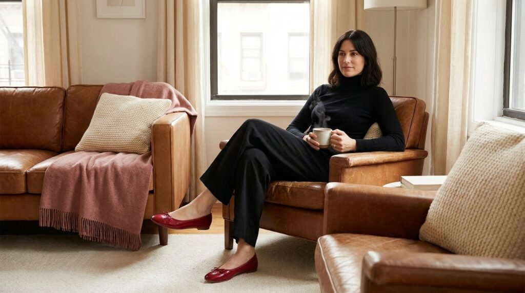 Woman wearing bright red ballet flats and an all-black outfit indoors.