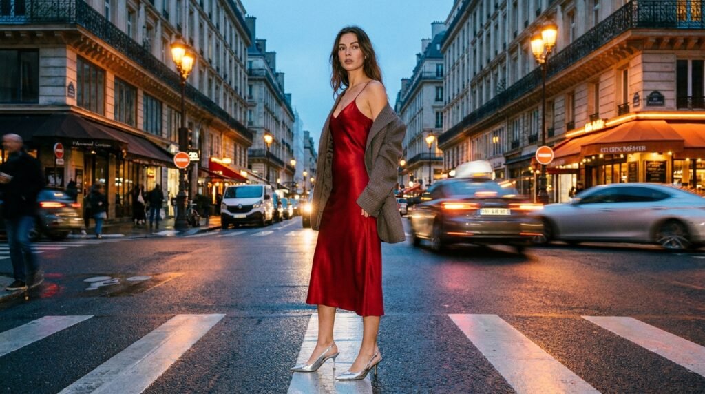 A woman stands on a city street wearing a red slip dress and silver slingback heels
