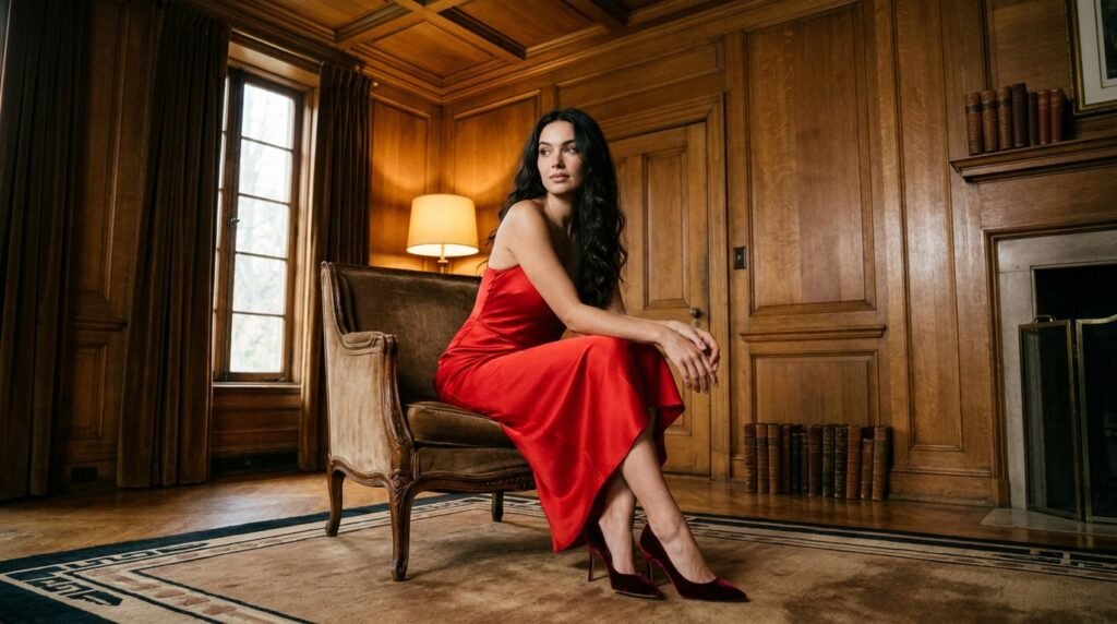 A woman wears a red satin dress paired with deep burgundy velvet heels.