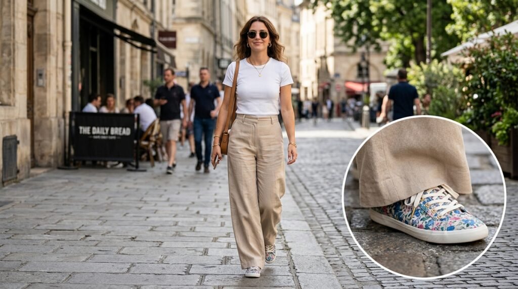 Woman wearing pleated beige trousers with floral court sneakers.