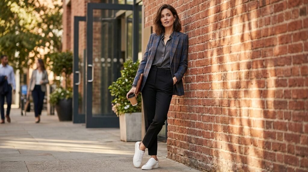 A woman leaning against a brick wall wearing a plaid blazer and leather sneakers.