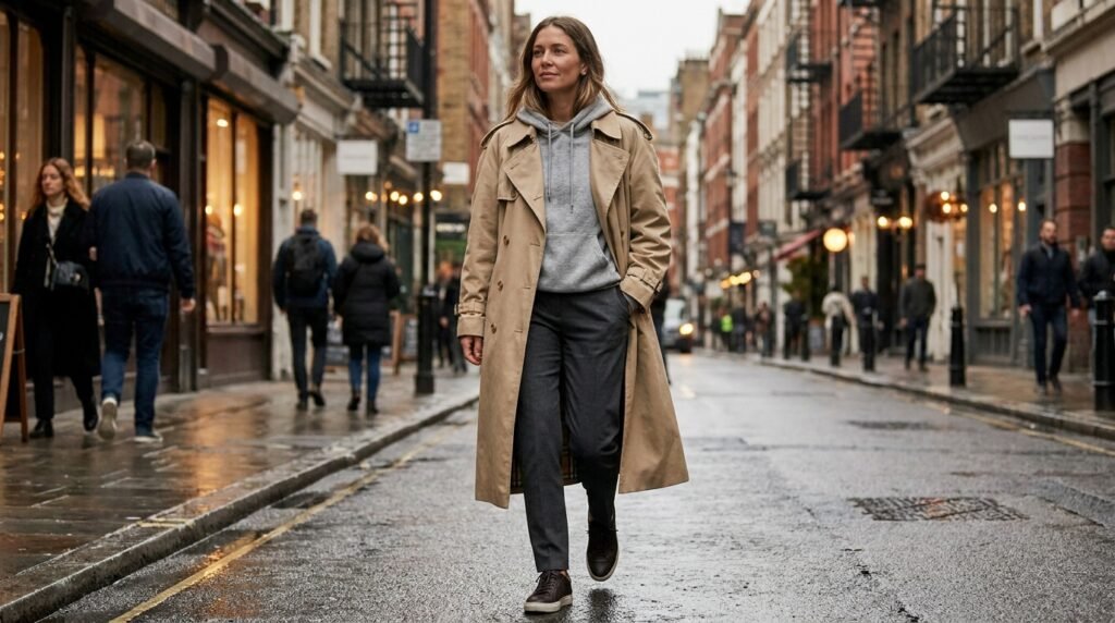 Woman in a city wearing a trench coat, gray hoodie, trousers, and slim leather sneakers.