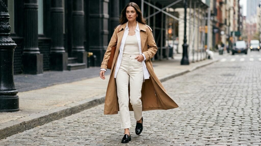 Woman wearing an oversized camel trench coat, ecru jeans, white shirt, and black patent loafers.