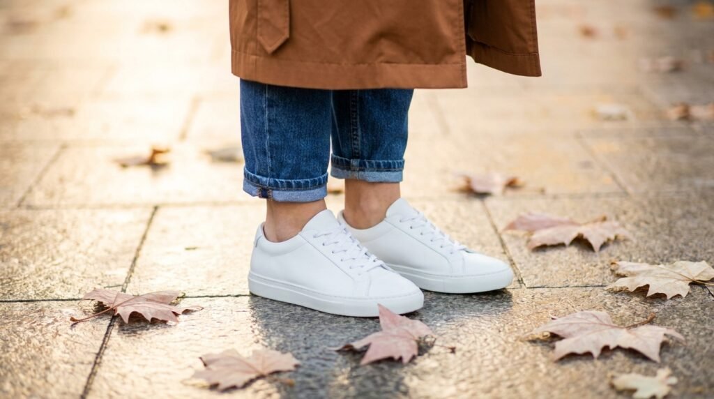 Close-up of clean white leather sneakers and cuffed jeans on a woman standing outdoors.