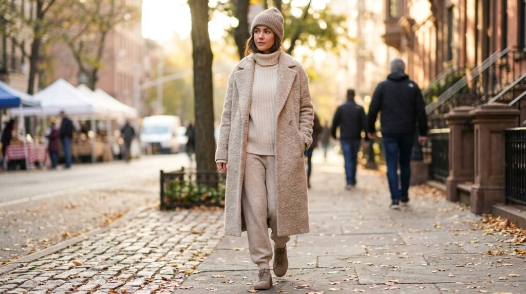 Woman walking outdoors wearing an oatmeal bouclé coat, cream turtleneck, trousers, and taupe sneakers.