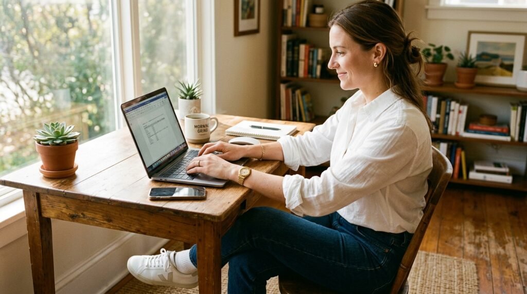 A woman sitting at a desk wearing a white button-down shirt and leather sneakers.