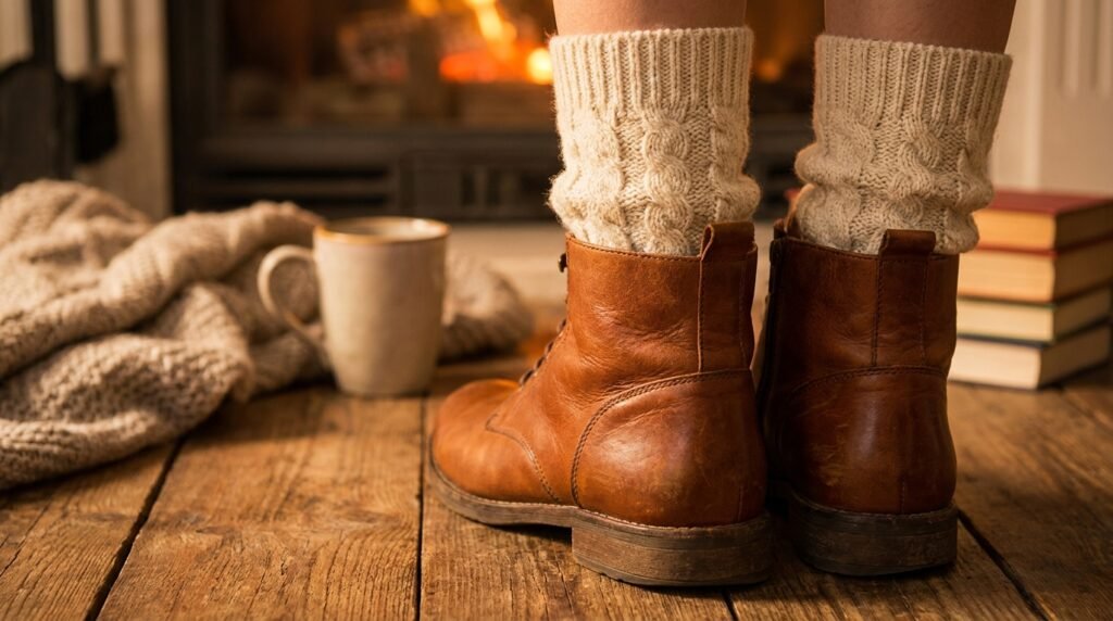 Close-up view of cable-knit wool socks worn with brown leather boots.