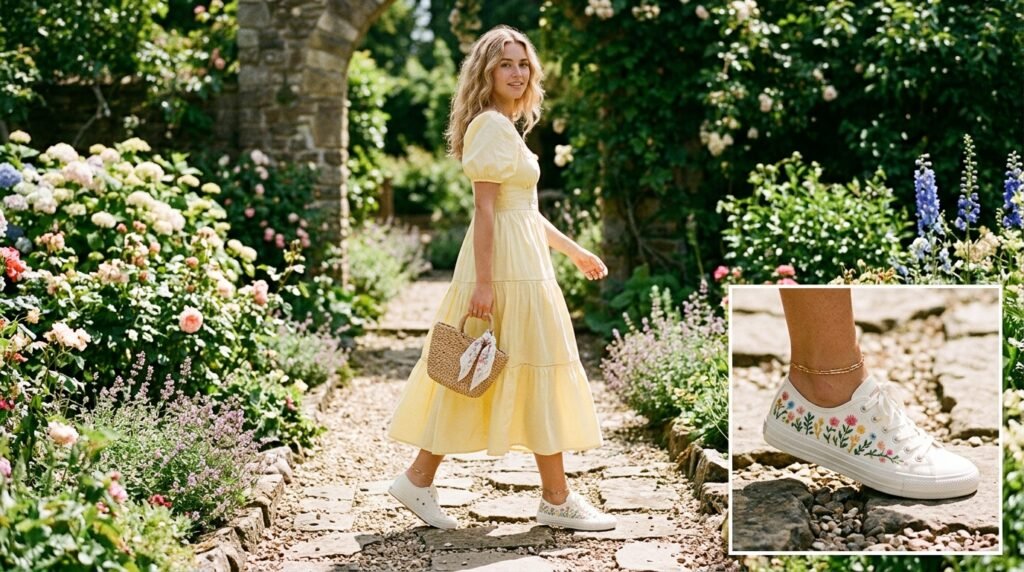 Pastel poplin midi dress styled with white embroidered floral sneakers.
