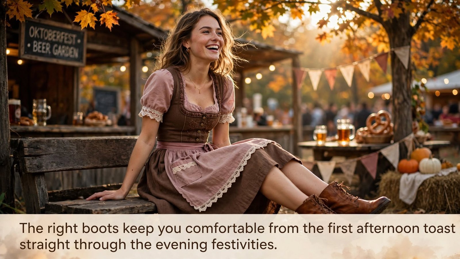 A woman wearing a traditional dirndl dress and brown leather ankle boots sitting on a wooden bench at an outdoor fall festival.