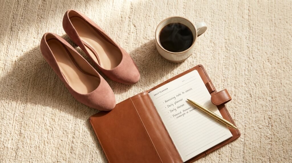 A flat lay featuring dusty rose suede pumps, a leather planner, a gold pen, and a coffee cup on an ivory rug.
