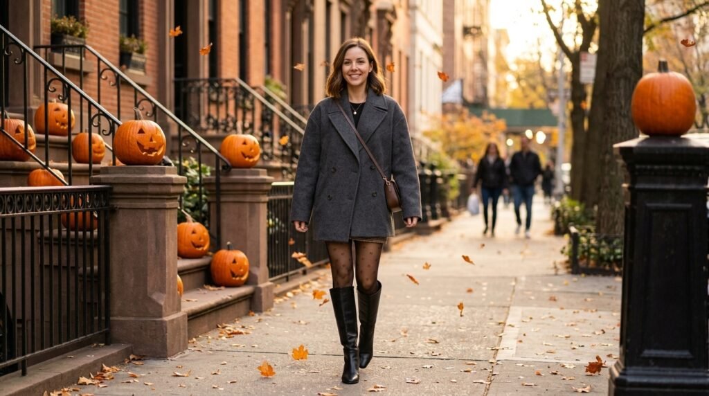 Woman wearing structured black leather knee-high boots with an oversized coat in front of Halloween brownstones.
