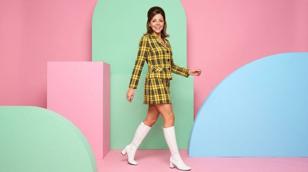 White patent leather knee-high gogo boots paired with a yellow plaid skirt suit for Halloween.