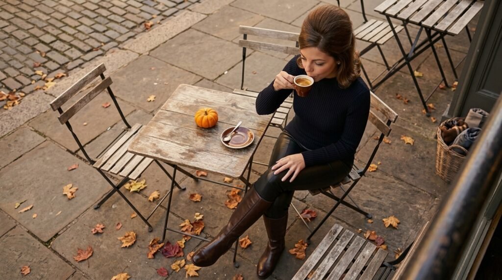 Espresso brown leather riding boots paired with black trousers at an outdoor autumn cafe.