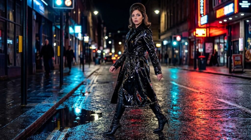 High-fashion black vinyl trench coat paired with sharp pointed knee-high boots on a city street.