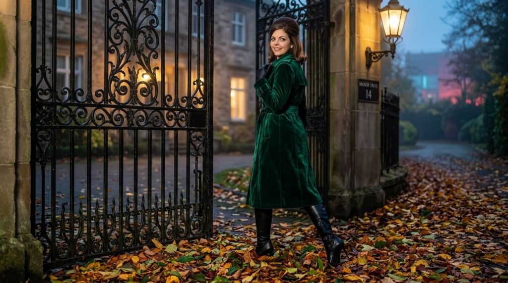High-fashion black vinyl trench coat paired with sharp pointed knee-high boots on a city street.