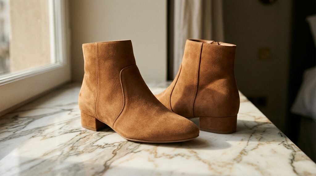 A pair of minimalist caramel-brown suede ankle boots with clean lines sitting on a marble surface.