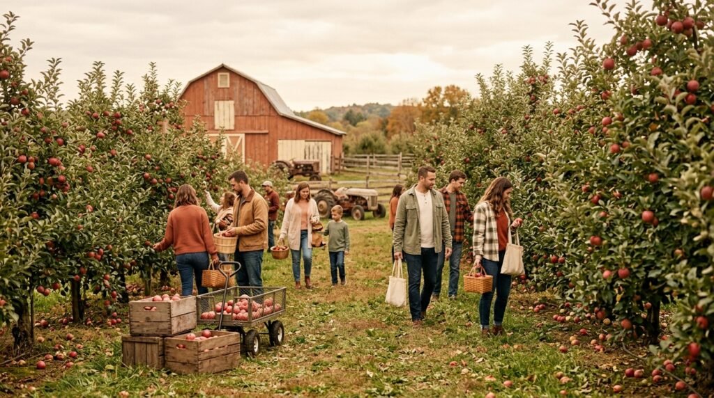 Rows of apple trees laden with red fruit in an orchard under a soft autumn sky.