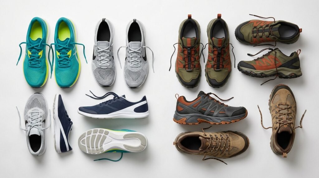 Flat-lay view of different athletic footwear styles on a clean white surface.