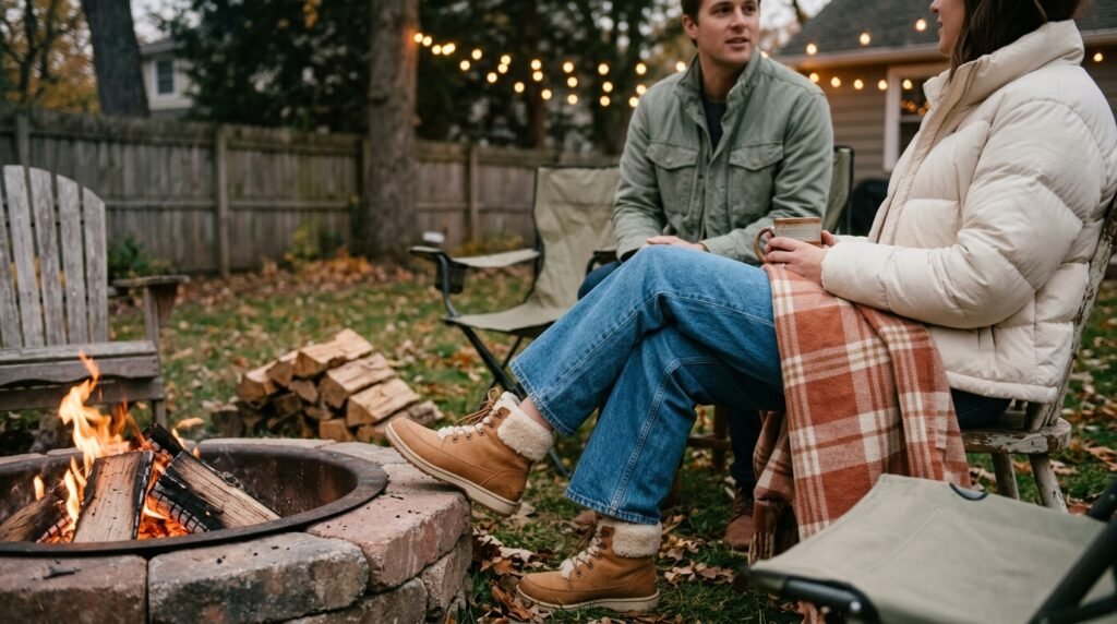 Shearling-lined boots, relaxed denim, and a puffer jacket in a backyard bonfire setting.