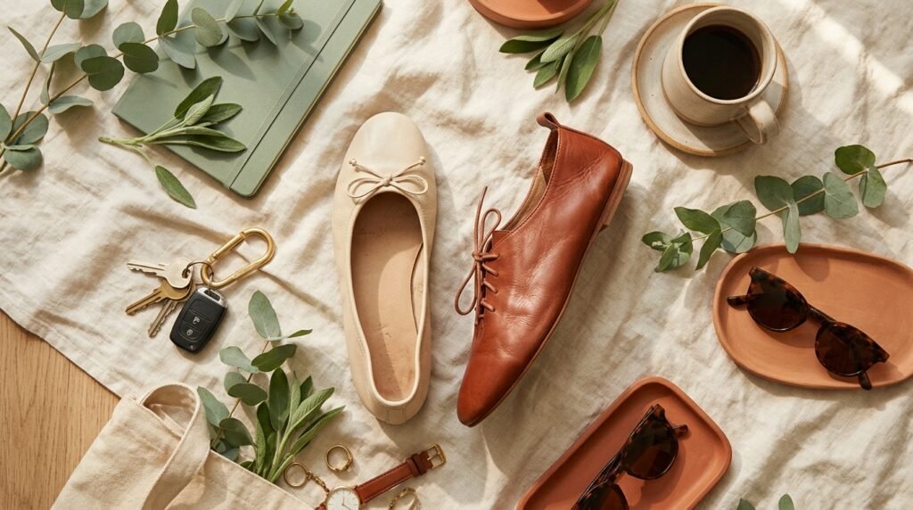 A round ballet flat resting next to an elongated leather jazz flat on a neutral surface.