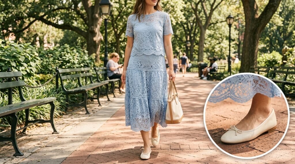 A soft blue lace two-piece outfit worn with cream leather ballet flats on a park walkway.