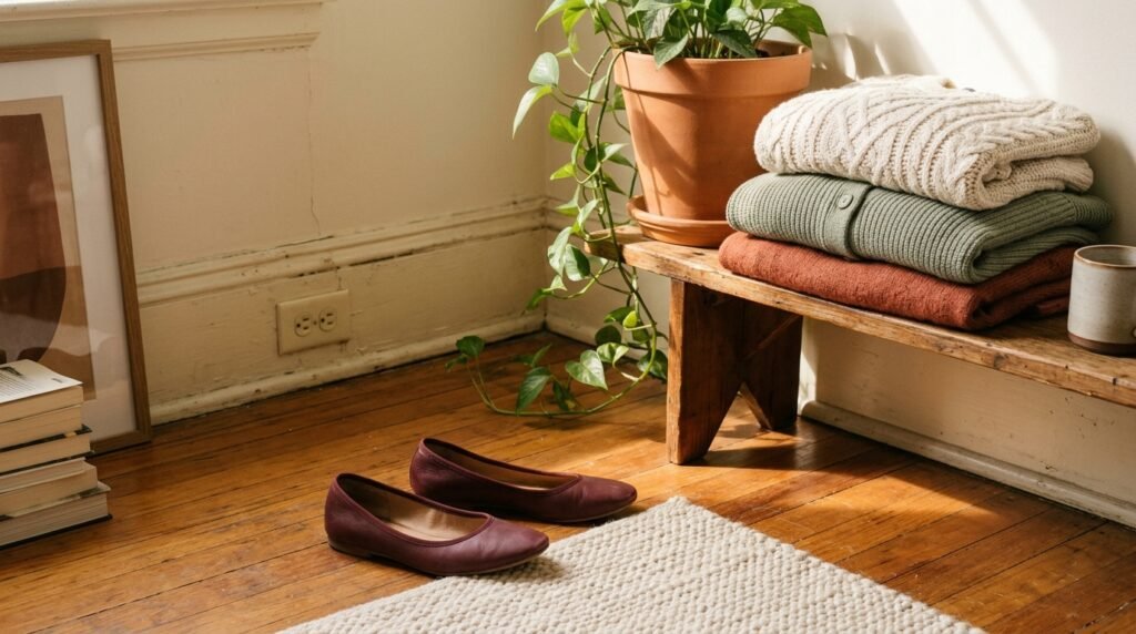 Burgundy ballet flats resting neatly near folded fall knitwear in warm apartment light.