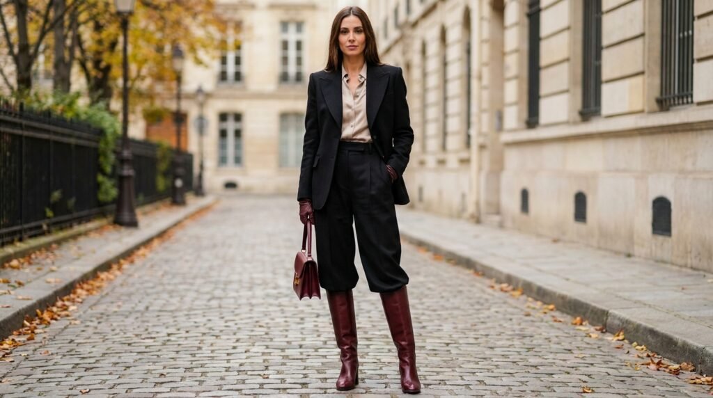 Ivory satin blouse and charcoal wool trousers paired with pointed burgundy leather boots.