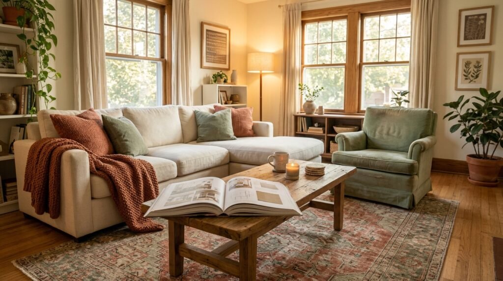 An open book resting on a wooden coffee table in a warm room setting.
