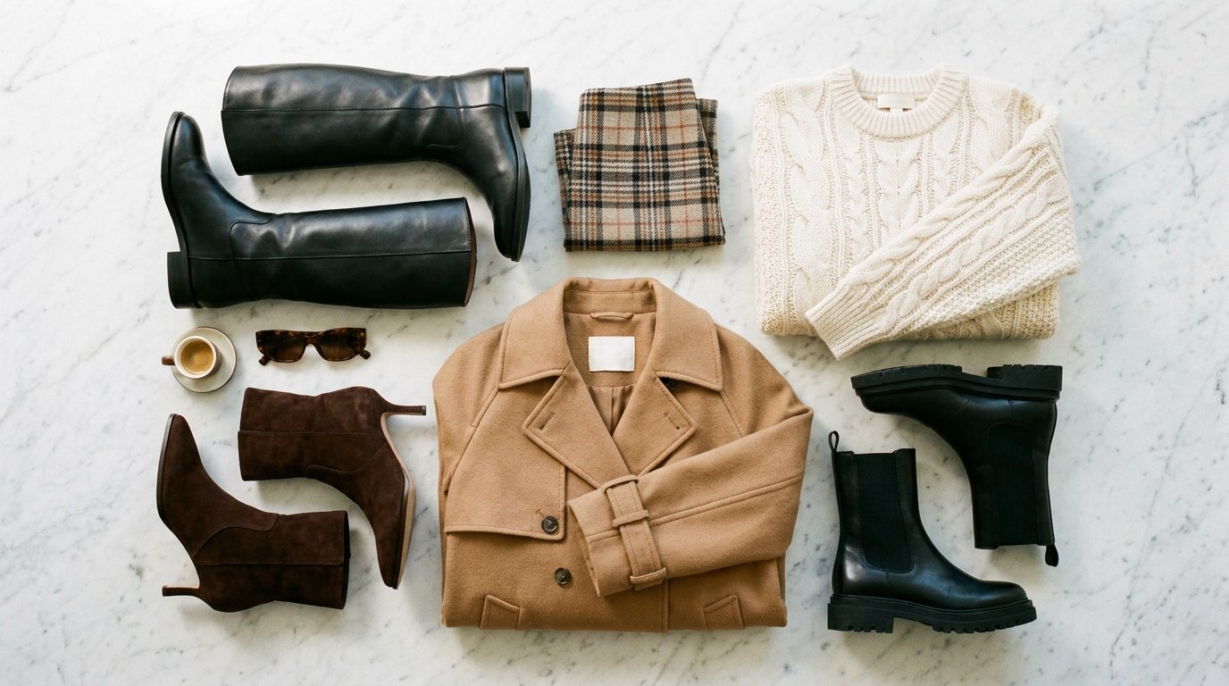Knee high boots outfit mood flat lay with black leather boots, camel trench coat, and plaid skirt.