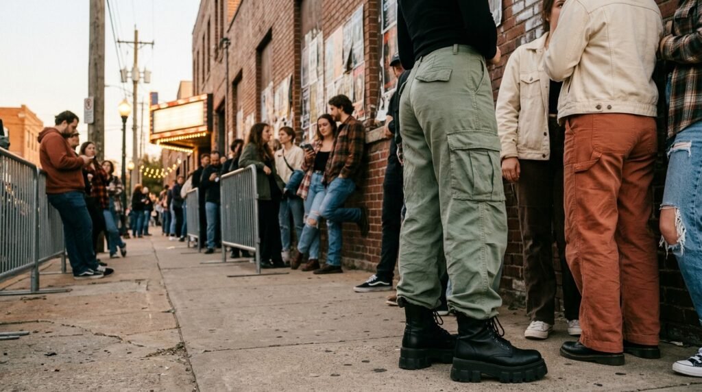 Platform lug-sole combat boots and cargo pants in a concert queue.